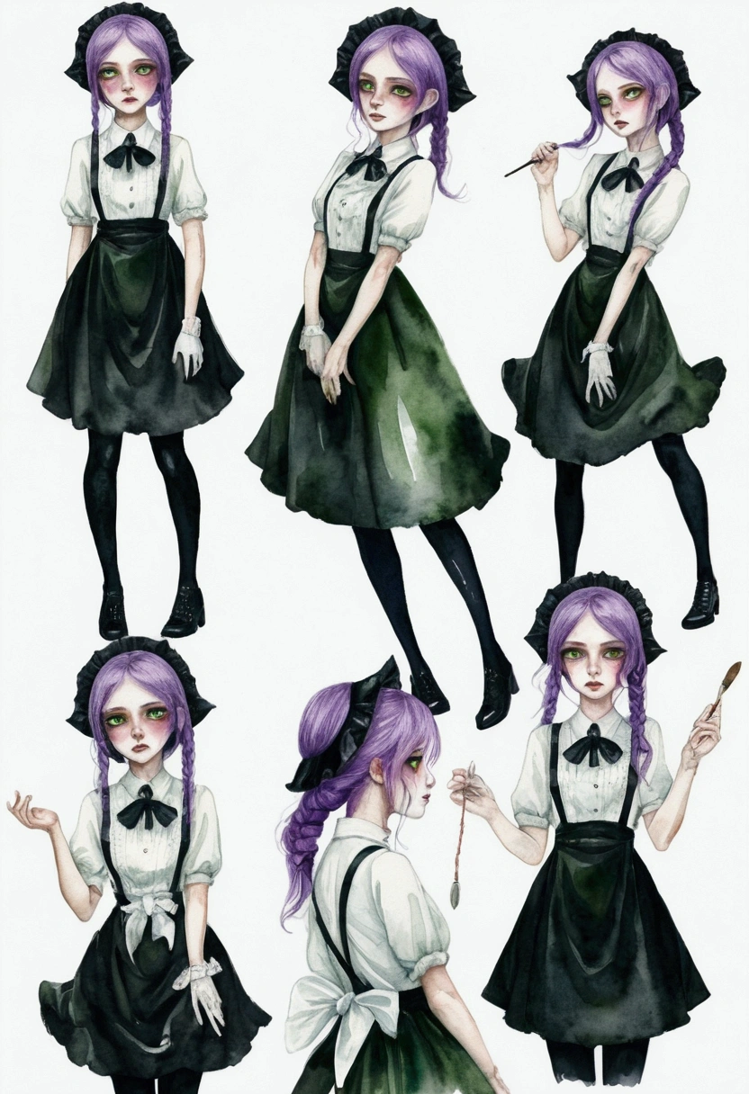 sketch (Character design sheet, same characters, whole body, Three-View, front, ~ ~ ~ ~ side, return),(Very bright:1.1), Sunset background, [1 Girl:7], (Tilt your head:1.2), ([sketch|watercolor \(Moderate\)]:1.15),Chaotic Abstractionな背景, Vector Trace, グラデーションブレンディング and whole body, Artistic elements add depth to the work. The overall atmosphere is creepy and nightmarish...., With a unique artistic touch. This movie is、The dark and crazy world of horror movies depicted in HD., Evoke visual stimuli and aesthetic sense, that will terrify and excite the audience....,watercolor画, （Lightless, Eyes without highlights, evil eye, An ugly person with white eyes, that&#39;Red eyeliner）,whole body絵, Wearing a maid outfit （Gradient braided hair, (Light purple hair), (Ink blotches:1.1), (pale:1.2),(Light purple:1.2),(Light green:1.2)　Adult features,expensive, Wearing black tights,Green Eyes, The skin is hidden　and maid, The background is a dark and desolate landscape, Horror movie atmosphere. Her figure is very beautiful, Emphasizing the dark and crazy elements. Skillfully expressing the effects of light and shadow, detailed, The face and expression of the black costume are also carefully drawn....,sketch (Character design sheet, same characters, whole body, Three-View, front, ~ ~ ~ ~ side, return) 1 female, Nervous,Cowboy Shot,,(Very bright:1.1), White Background, [1 Girl:7], (Tilt your head:1.2), ([sketch|watercolor \(Moderate\)]:1.15),Chaotic Abstraction