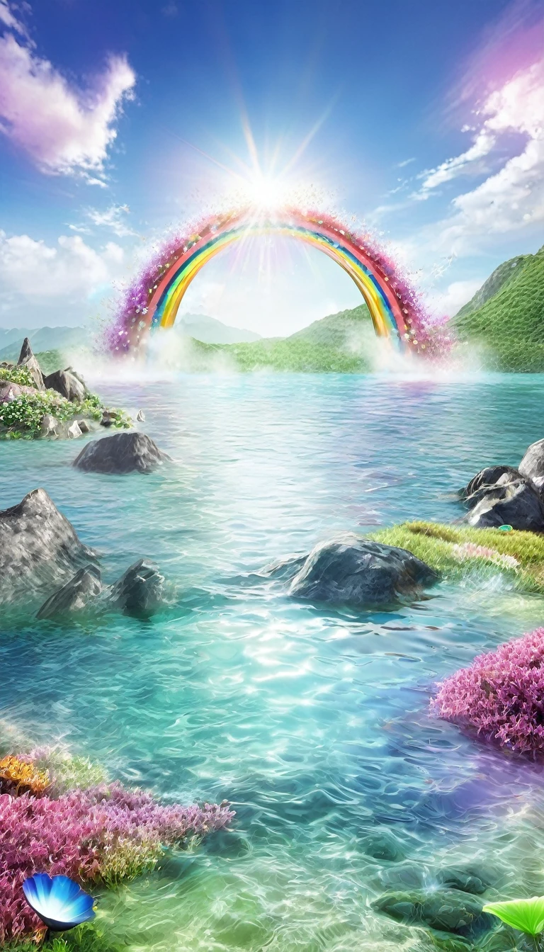 The rainbow-colored sea、Feel the summer、Highest quality, Super Fine, 16K, Incredibly absurd, Very detailed, delicate and dynamic, Multiple Translucency, Rainbow Magic Circle, ,, Prism special effects, mirror, illumination, Swirling dark aura, And beyond the universe,masterpiece.16K, Ultra-high resolution, Ultra-high resolution, to be born,wonderful ,future、Iridescent、The world 30 years from now。