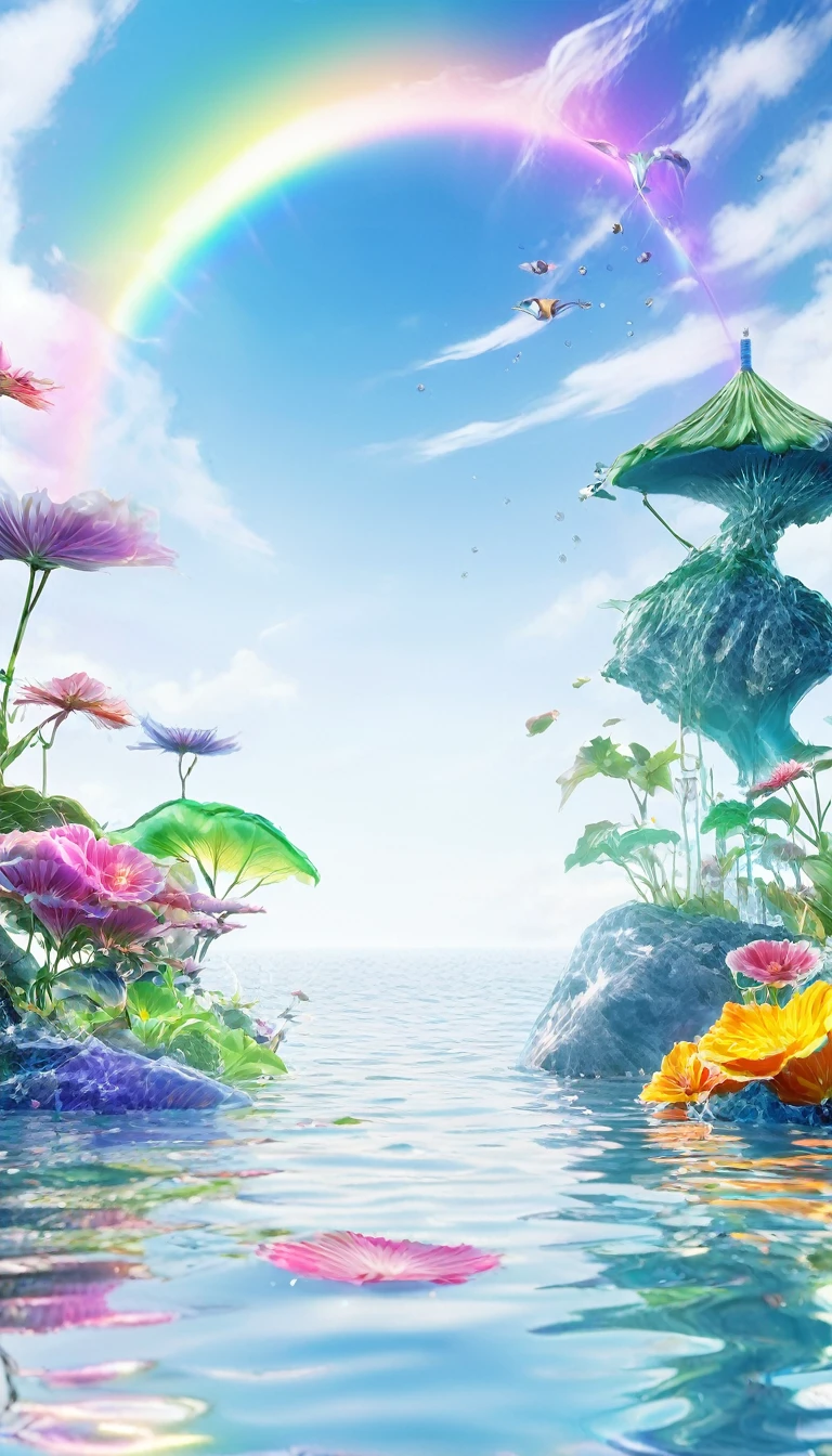 The rainbow-colored sea、Feel the summer、Highest quality, Super Fine, 16K, Incredibly absurd, Very detailed, delicate and dynamic, Multiple Translucency, Rainbow Magic Circle, ,, Prism special effects, mirror, illumination, Swirling dark aura, And beyond the universe,masterpiece.16K, Ultra-high resolution, Ultra-high resolution, to be born,wonderful ,future、Iridescent、The world 30 years from now。