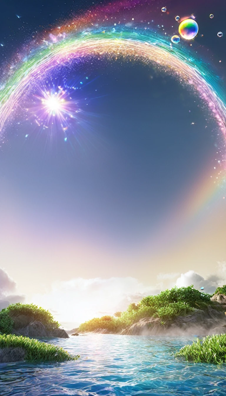 The rainbow-colored sea、Feel the summer、Highest quality, Super Fine, 16K, Incredibly absurd, Very detailed, delicate and dynamic, Multiple Translucency, Rainbow Magic Circle, ,, Prism special effects, mirror, illumination, Swirling dark aura, And beyond the universe,masterpiece．16K, Ultra-high resolution, Ultra-high resolution, to be born,wonderful ,future、Iridescent、The world 30 years from now。