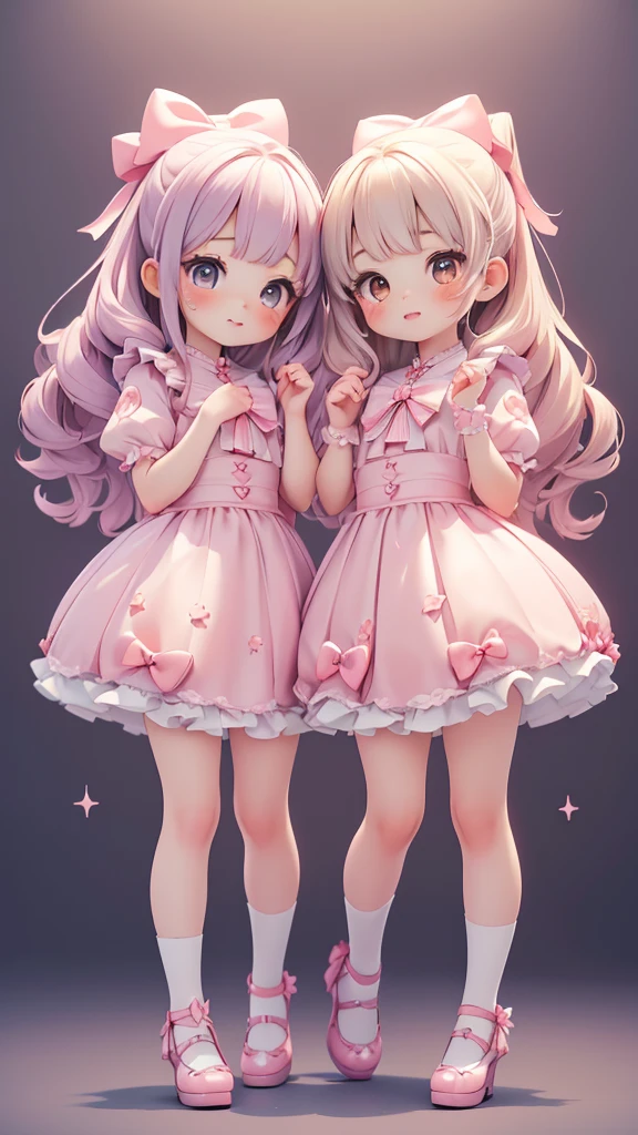 ((petite bishojo, little 2girls)), ((cute face)), ((cute puffy eyes)), ((masterpiece)), ((best quality)), ((ultra detailed)), ((exquisite)), ((8k)), ((crisp)), ((depth)), ((beautiful and aesthetic)), (super detailed skin), ((high standard)), ((highres)), ((perfect anatomy)), (full body), (blush), (lipstick), (cutesy, jk), (bow in hair), (kawaii pose), (perfect fingers)