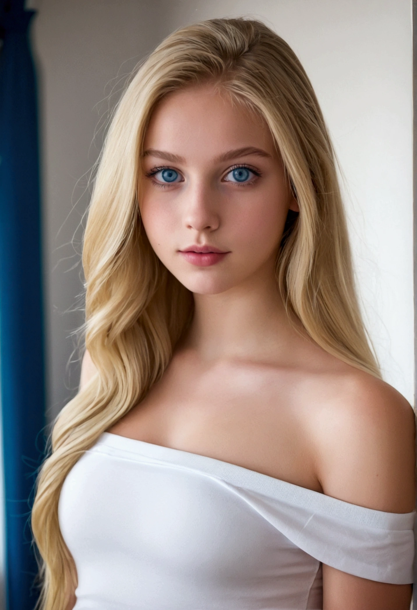 Une fille blonde de 19 ans, very beautiful with beautiful, long, smooth, slightly wavy hair, with a modern off-the-shoulder top and a large chest, symmetrical perfect blue eyes, photo de plein pied dans sa chambre.