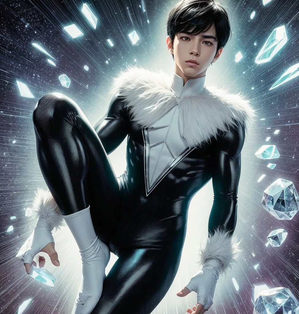 American classic comic book art: Mind Telepathy, handsome delicate ethereal young man, silky black short hair with bangs, tight black and white outfit with white fur collars, pointed ears, black tight leggings, long white gloves, emanating white energy, very young face boy Asian, ethereal male delicate body, Northstar Marvel, big city,butt, thighs, levitating crystals, magic light pink energy, white eyes, focus on face, classic comic book