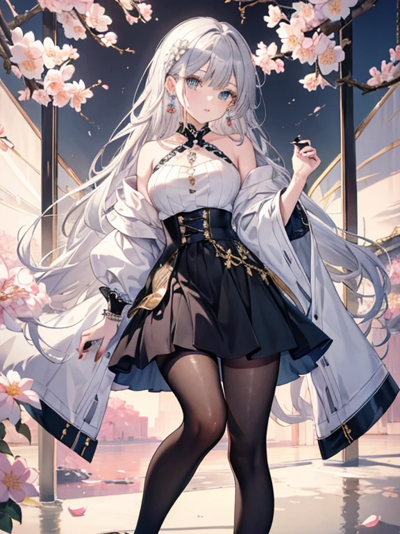 8k,High resolution RAW color art, Anime Art,Silver Marble Skin, (((Highly detailed elegant))), Detailed skin, texture,(Exquisitely crafted, The finer details, Ultra-detailed art), Depth of written boundary, Silky Touch, Hyper Detail, Orange Sky、Asahi, Cool face, Ivory Rose, eye shadow、(Highest quality:1.2, High detail, masterpiece:1.2, Best aesthetics), (1 Girl), Beautiful woman, Beautiful attention to detail, Beautiful lip detail, Highly detailed face, Delicate depiction of hair and eyes, Detailed Fashion, Blue sparkling eyes, Earrings, Slightly larger breasts,Full body depiction, ,Focus on the user、Stylish black off-shoulder top、Black above the knee skirt、Tights up to the knee、Thighs、Golden decoration, Black nails, Gray Hair, Golden bracelet, Long Straight Hair, Light blue outer color、Hair、Cherry Blossom、sweater、Matte