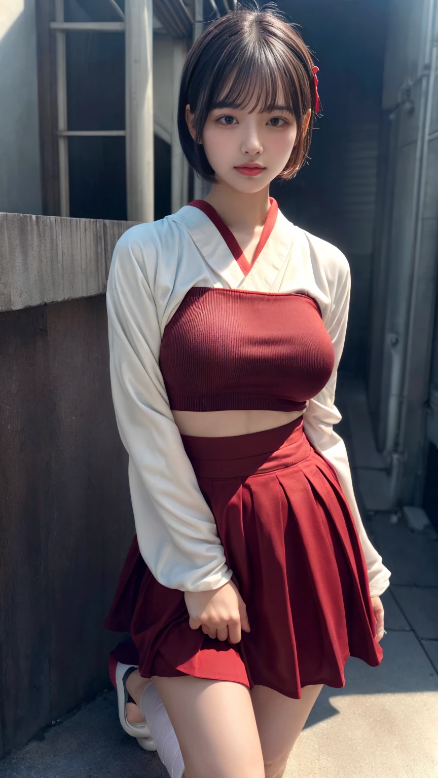(absurdres:1.3), (highres:1.3), (ultra detailed:1.3),(1girl:1.3), (extremely detailed CG unity 8k wallpaper:1.3), (detailed skin texture, detailed cloth texture, detailed hair texture), (beautiful detailed face, supermodel, pale skin, realistic glistening skin), (RAW photo, best quality), (realistic, photo-realistic:1.4), masterpiece, extremely delicate and beautiful,Amazing, finely detail, extremely detailed CG unity 8k wallpaper, huge filesize, ultra-detailed, highres, absurdres, soft light,rim light, vibrant details, short bob hair, black hair color, Big Natural Color Lip, (perfect body shape), beautiful legs, BREAK (white and red theme:1.4), (fusion of (white kimono tops:1.2) and (red high-waisted maxi length skirt):1.4), (long sleeve:1.3), (kimono-collar:1.2), (red outlines on white kiomno:1.2), (white very short ankle socks:1.2), (Japanese clogs geta:1.2),
crying a little、little smile, Harajuku style、20 year old girl、cute type、ta、open legs