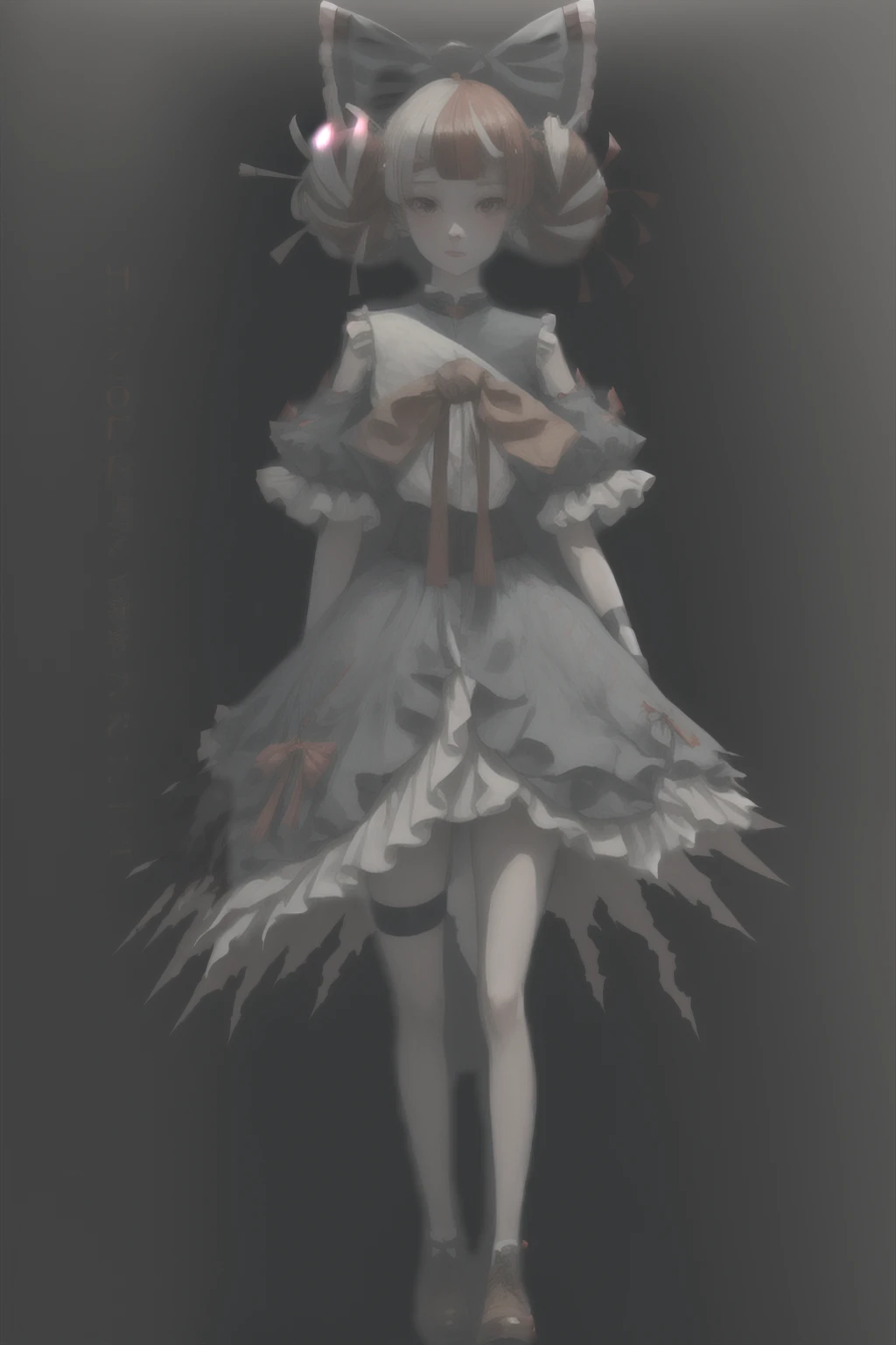 ((Full body photo, standing, feet on the ground)) best quality, intricate details,
 zombie, patchwork skin, heterochromia, red eyes, yellow eyes, kureiji ollie, double bun, torn dress, red bow, hair bow, 
 npzw, npzw, (text), monochrome, npzw, (text), sepia,