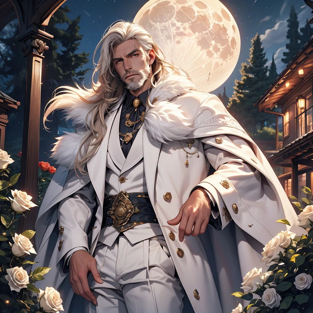 masterpiece, Highest quality, dramatic, 1 person,Long white hair, Psychic Eyes,alone, Long Hair, Tiago Azevedo, moon, night, White luxury suit, Pouting, fur, Proud look,garden, Detailed Background,Cinema Lighting, rose, fashion, Balenciaga Style