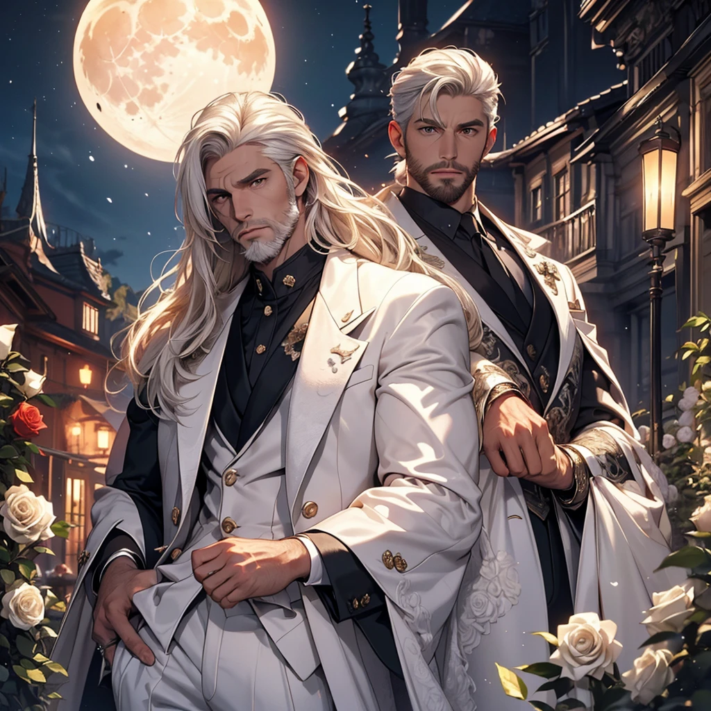 masterpiece, Highest quality, dramatic, 1 person,Long white hair, Psychic Eyes,alone, Long Hair, Tiago Azevedo, moon, night, White luxury suit, Pouting, fur, Proud look,garden, Detailed Background,Cinema Lighting, rose, fashion, Balenciaga Style