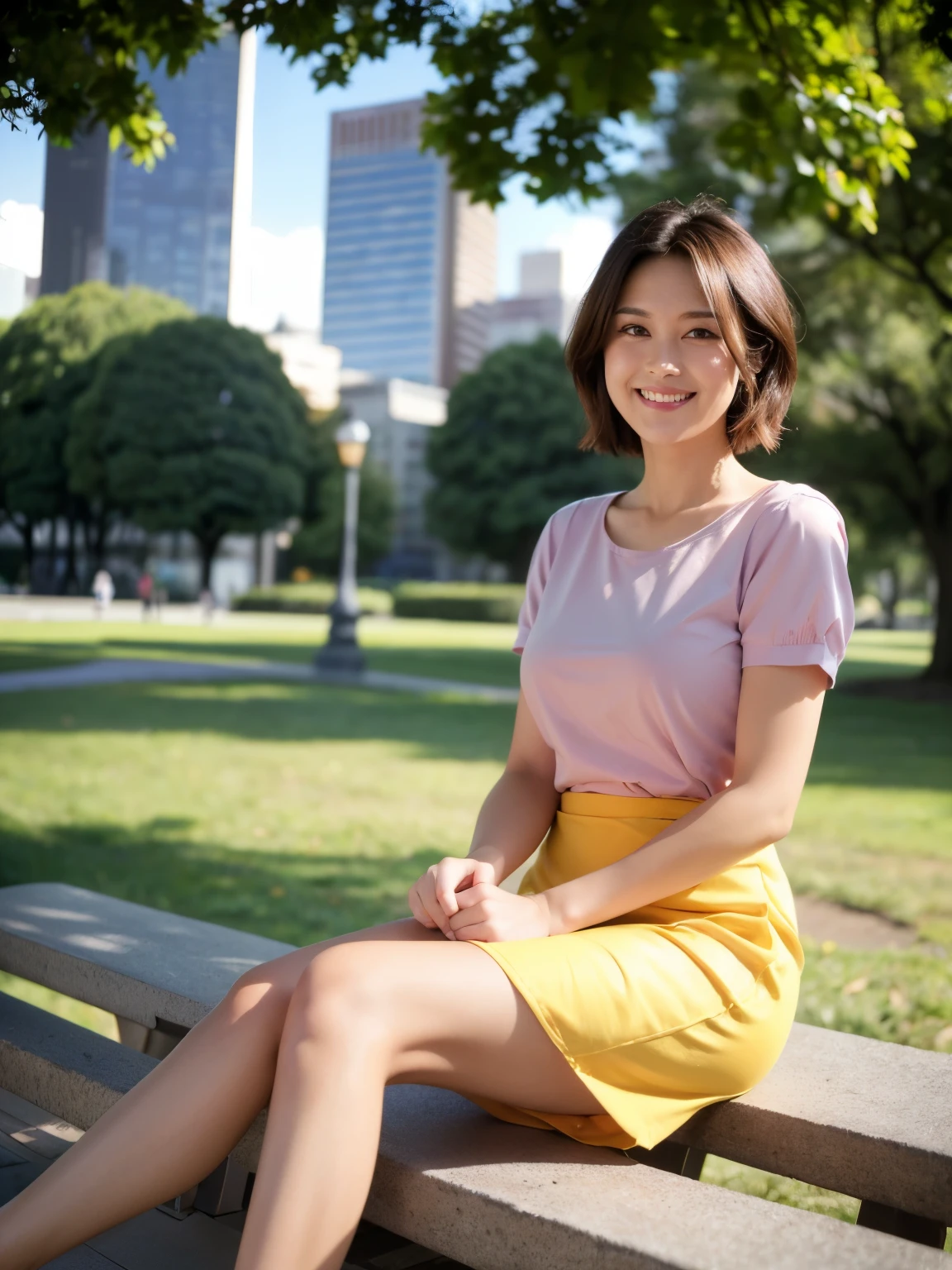 最high quality, In 8K, Masseter region, Vibrant, Sharp focus, high quality, High resolution, Detailed face, Detailed eyes, Thick lips, (Looking at the audience), alone, Beautiful woman, Age 34,, （very short brown hair:1.6）,（D cup breasts）, （(Bright yellow short sleeve dress)), afternoon、（Sit with your feet together on a park bench:1.5）、（Hibiya Park）、（There are skyscrapers in the background）、（smile:1.5）、（Cloudy weather:1.2)