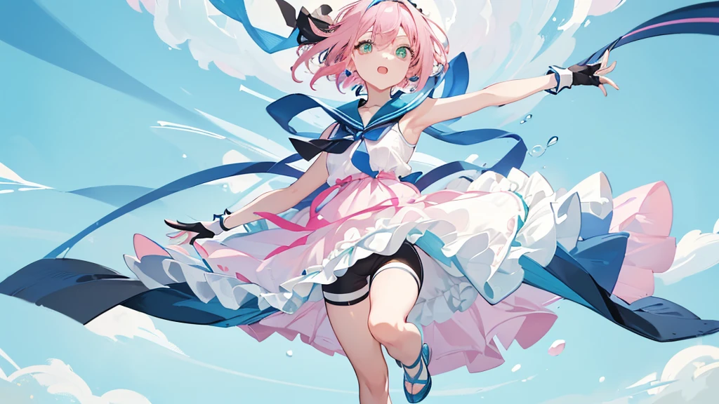 (((pink hair))) ,((green eye)), short hair, ((( short tale))),skinny body, mainly white and sky blue hem sundress,blue hairband,laugh with open mouth,((black long gloves)), (((blue sailor color))), (((blue thin neck ribbon))),one hair ribbon,((full body)),bike shorts