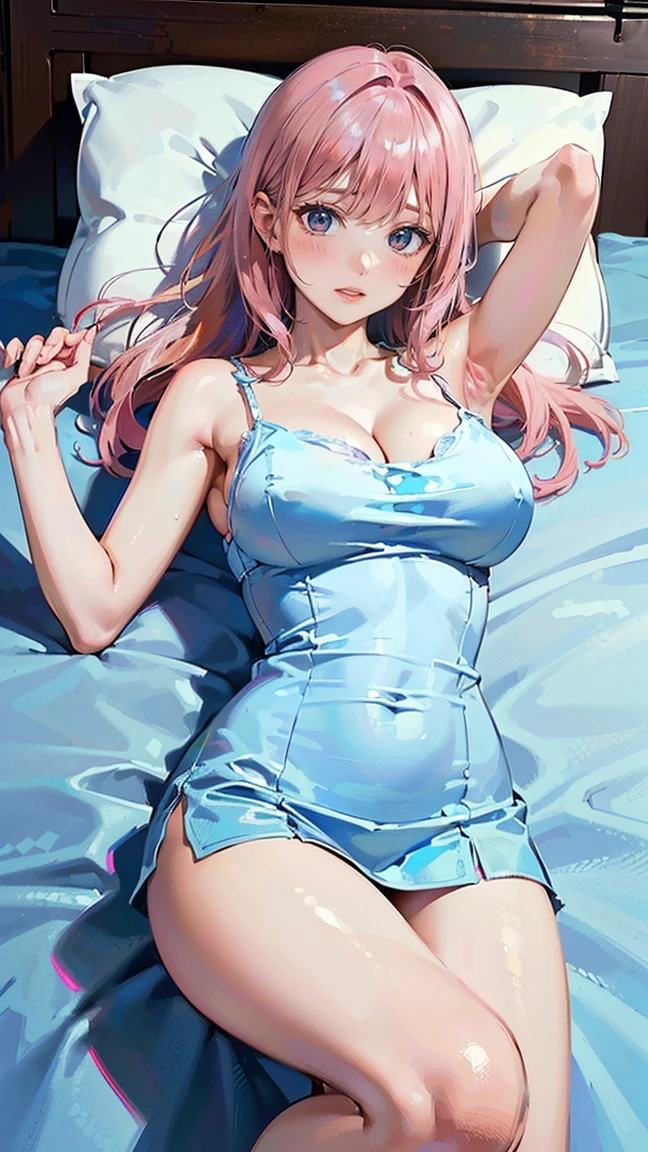 ((Highest quality, 8k, masterpiece :1.3)), (Sharp focus :1.2, Beautiful woman with perfect figure :1.4, Slim Abs :1.2), ((Big Breasts, Emphasize cleavage, The underboob is visible:1.3)), (Photorealistic:1.4), (realistic:1.4), (Pink Hair:1.5), Highly detailed face and skin texture, Fine grain, double eyelid. Makeup face, A little bit of lipstick, sex appeal, Sexy gravure pose, (Light blue silk camisole、Lying sexy in the bedroom、Show off your legs。An innocent smile。: 1.3)