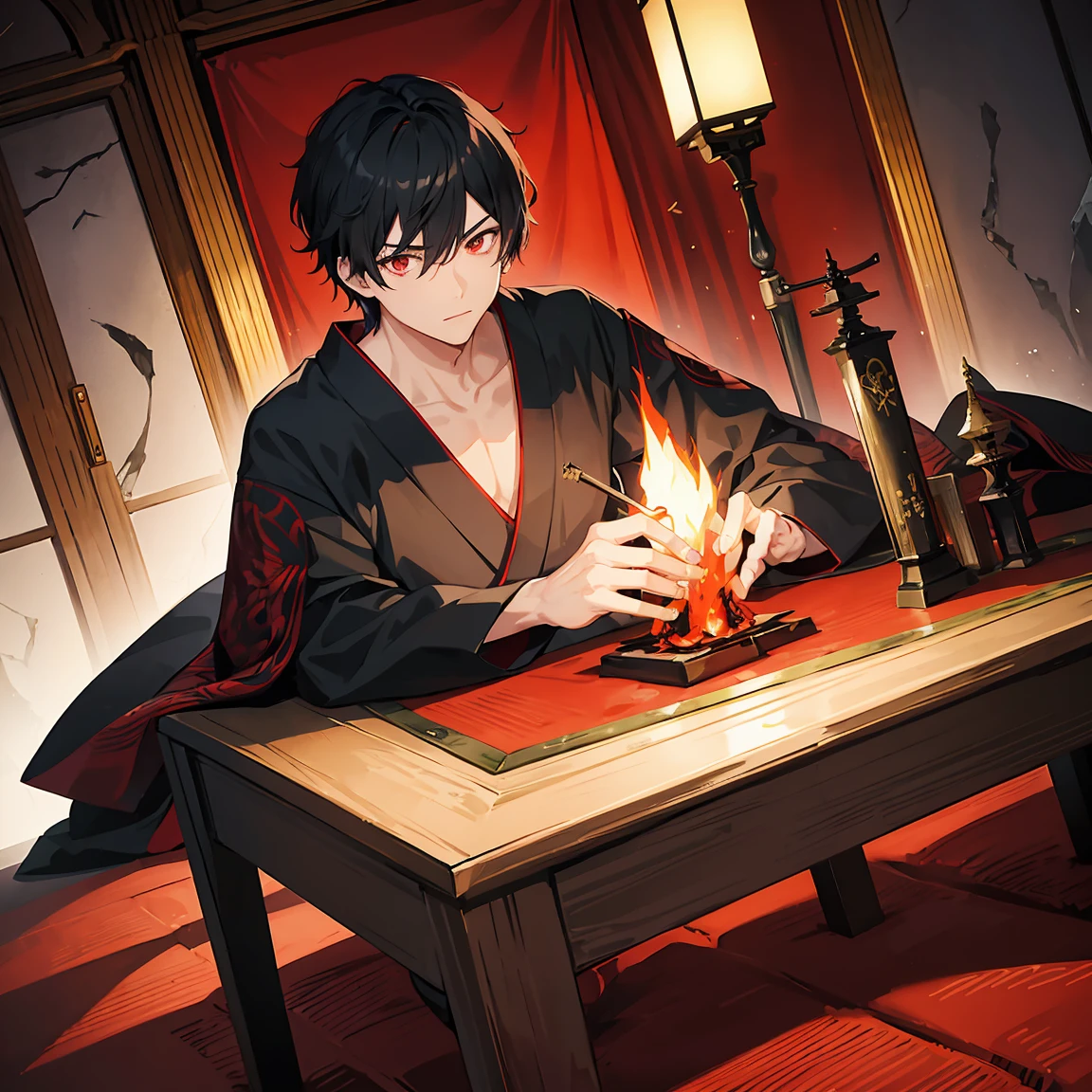 1 men,black hair,red eyes,black kimono,combat knife,fantasy,japanese Castle,1 table,cowboy shot,night,flame in eyes,sitting on chair,Relaxing,clear sky