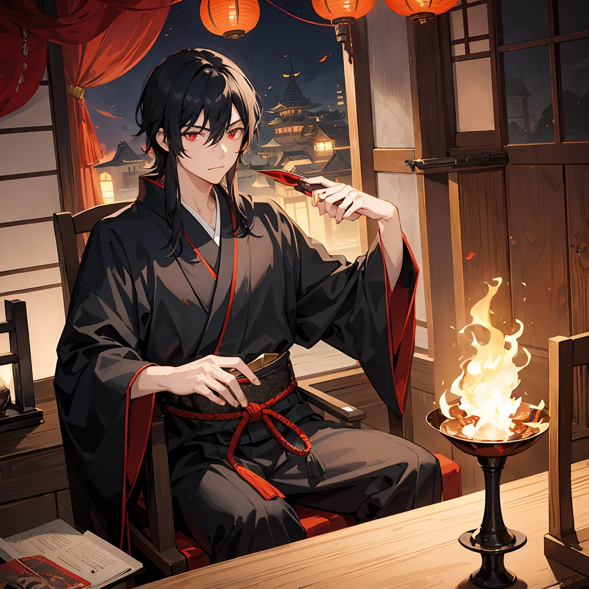1 men,black hair,red eyes,black kimono,combat knife,fantasy,japanese Castle,1 table,cowboy shot,night,flame in eyes,sitting on chair,Relaxing,clear sky