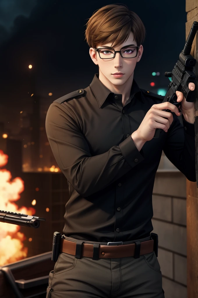 (1male:1.6),solo,male focus,25 year old,glasses,short hair,brown hair,brown eyes,(pale skin:1.4),handsome,hair in front of face,dramatic,Takehisa_Hinawa,looking at viewer,holding gun,(best quality:1.4),[:intricate details:0.2],masterpiece,detailed background,semirealistic,(mood lighting:1.1),facing forward,aiming gun,pointing gun,fire,black shirt,uniform,