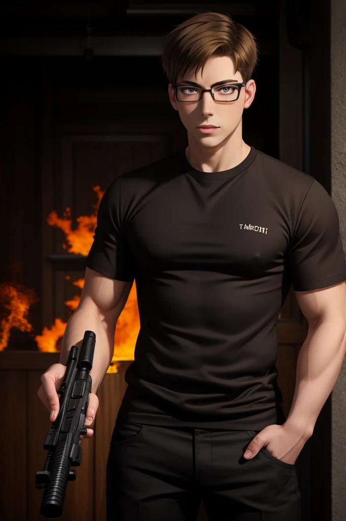 (1male:1.6),solo,male focus,25 year old,glasses,short hair,brown hair,brown eyes,(pale skin:1.4),handsome,hair in front of face,dramatic,Takehisa_Hinawa,looking at viewer,holding gun,(best quality:1.4),[:intricate details:0.2],masterpiece,detailed background,semirealistic,(mood lighting:1.1),facing forward,aiming gun,pointing gun,fire,black shirt,uniform,