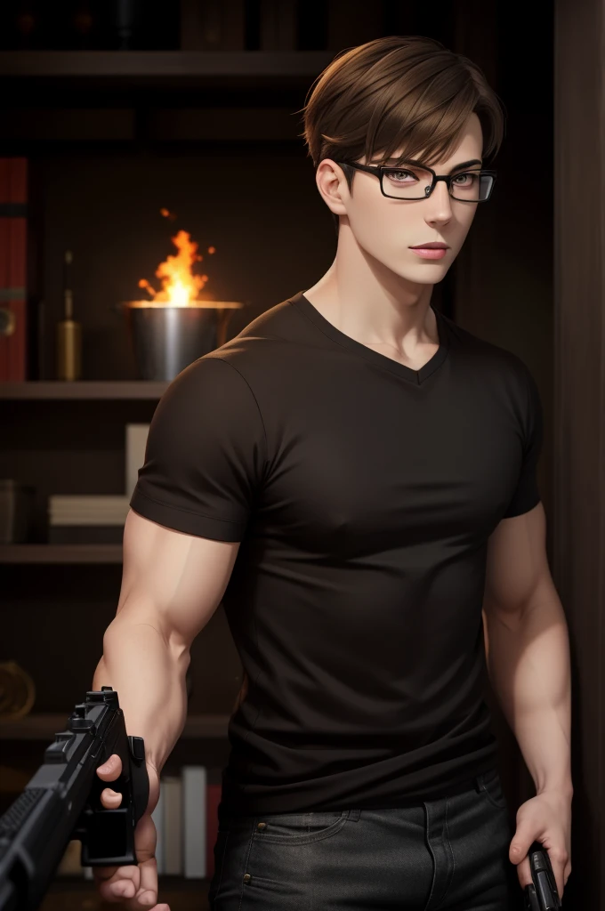 (1male:1.6),solo,male focus,25 year old,glasses,short hair,brown hair,brown eyes,(pale skin:1.4),handsome,hair in front of face,dramatic,Takehisa_Hinawa,looking at viewer,holding gun,(best quality:1.4),[:intricate details:0.2],masterpiece,detailed background,semirealistic,(mood lighting:1.1),facing forward,aiming gun,pointing gun,fire,black shirt,uniform,