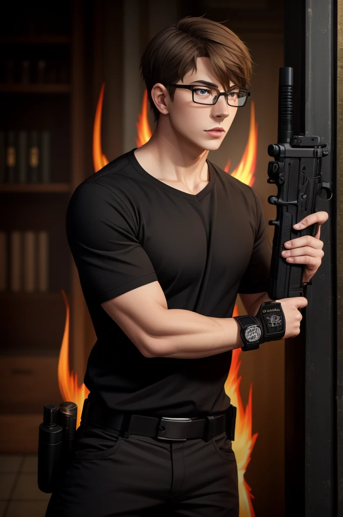 (1male:1.6),solo,male focus,25 year old,glasses,short hair,brown hair,brown eyes,(pale skin:1.4),handsome,hair in front of face,dramatic,Takehisa_Hinawa,looking at viewer,holding gun,(best quality:1.4),[:intricate details:0.2],masterpiece,detailed background,semirealistic,(mood lighting:1.1),facing forward,aiming gun,pointing gun,fire,black shirt,uniform,