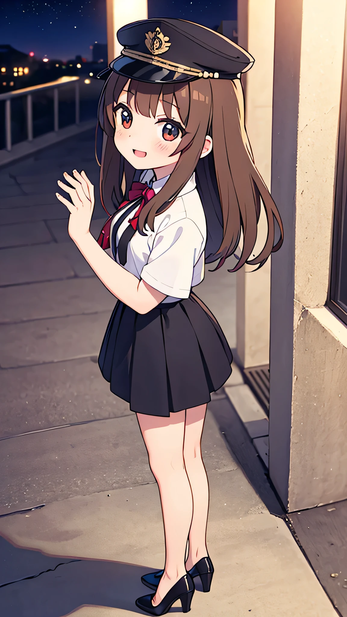 {Highest quality}, {Super beautiful},{Ultra fine},{Best illustration},Brown Hair,Hime cut,semi-long,Bangs,Standing Woman,Uniform cap,White Shirt,Short sleeve,Long black skirt,Night Park,Embarrassed,smilingly,Blushing,Slender women, A woman wearing plain black pumps,Bare feet and pumps,From an angle,From above