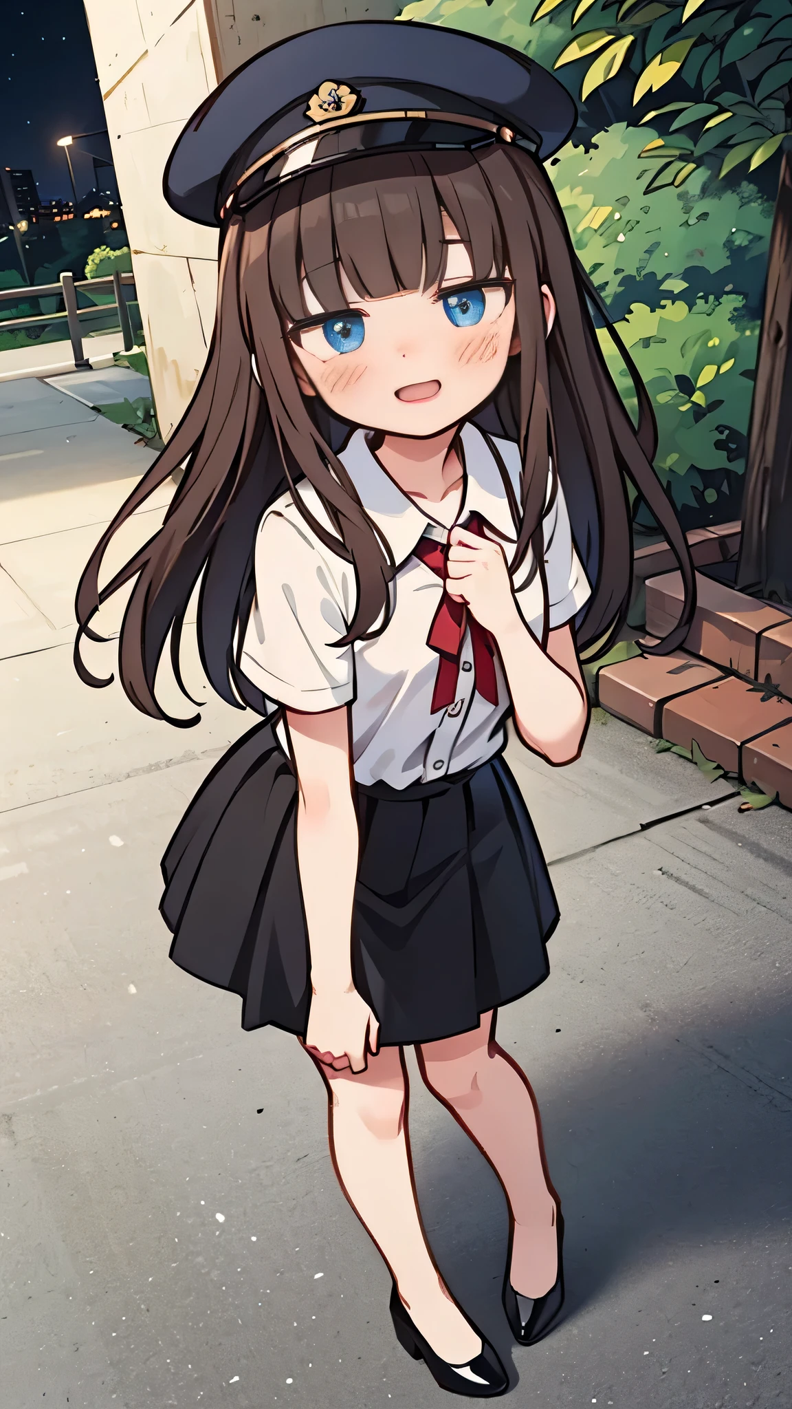 {Highest quality}, {Super beautiful},{Ultra fine},{Best illustration},Brown Hair,Hime cut,semi-long,Bangs,Standing Woman,Uniform cap,White Shirt,Short sleeve,Long black skirt,Night Park,Embarrassed,smilingly,Blushing,Slender women, A woman wearing plain black pumps,Bare feet and pumps,From an angle,From above