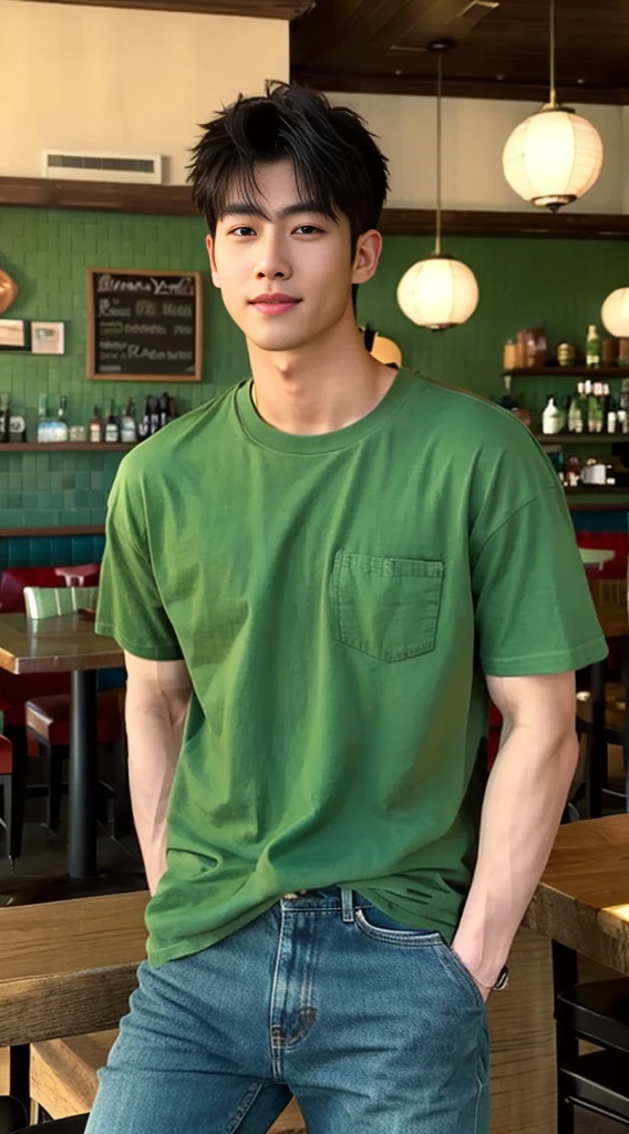 ((realistic daylight)) , Young Korean man in a green t-shirt Denim shirt, jeans, A handsome, muscular young Asian man looks at the camera. , in the restaurant ,turn sideways