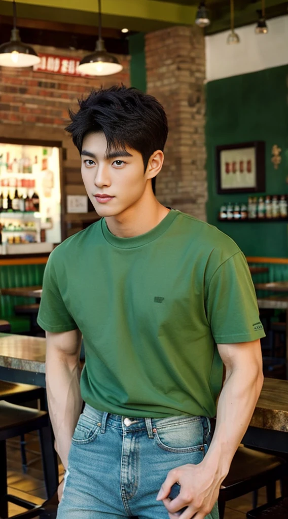((realistic daylight)) , Young Korean man in a green t-shirt Denim shirt, jeans, A handsome, muscular young Asian man looks at the camera. , in the restaurant ,turn sideways