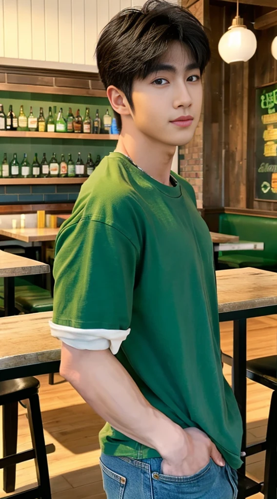 ((realistic daylight)) , Young Korean man in a green t-shirt Denim shirt, jeans, A handsome, muscular young Asian man looks at the camera. , in the restaurant ,turn sideways