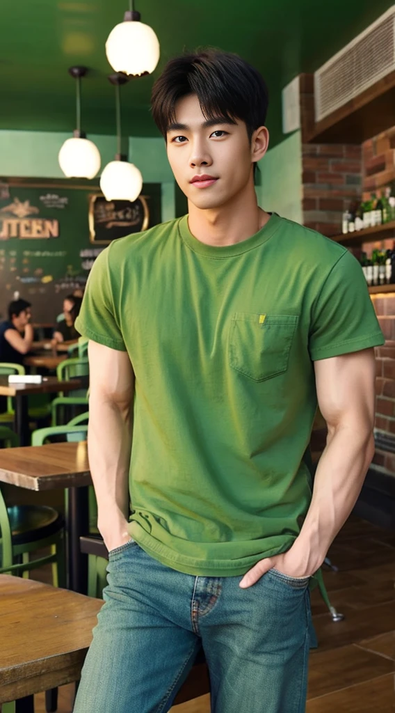 ((realistic daylight)) , Young Korean man in a green t-shirt Denim shirt, jeans, A handsome, muscular young Asian man looks at the camera. , in the restaurant ,turn sideways