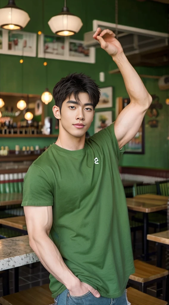 ((realistic daylight)) , Young Korean man in a green t-shirt Denim shirt, jeans, A handsome, muscular young Asian man looks at the camera. , in the restaurant ,turn sideways