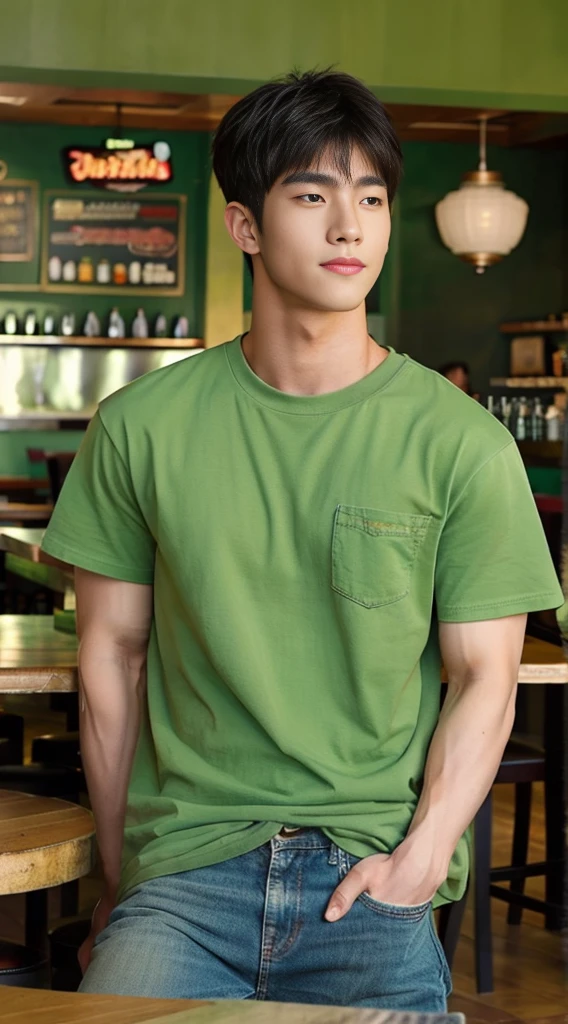 ((realistic daylight)) , Young Korean man in a green t-shirt Denim shirt, jeans, A handsome, muscular young Asian man looks at the camera. , in the restaurant ,turn sideways