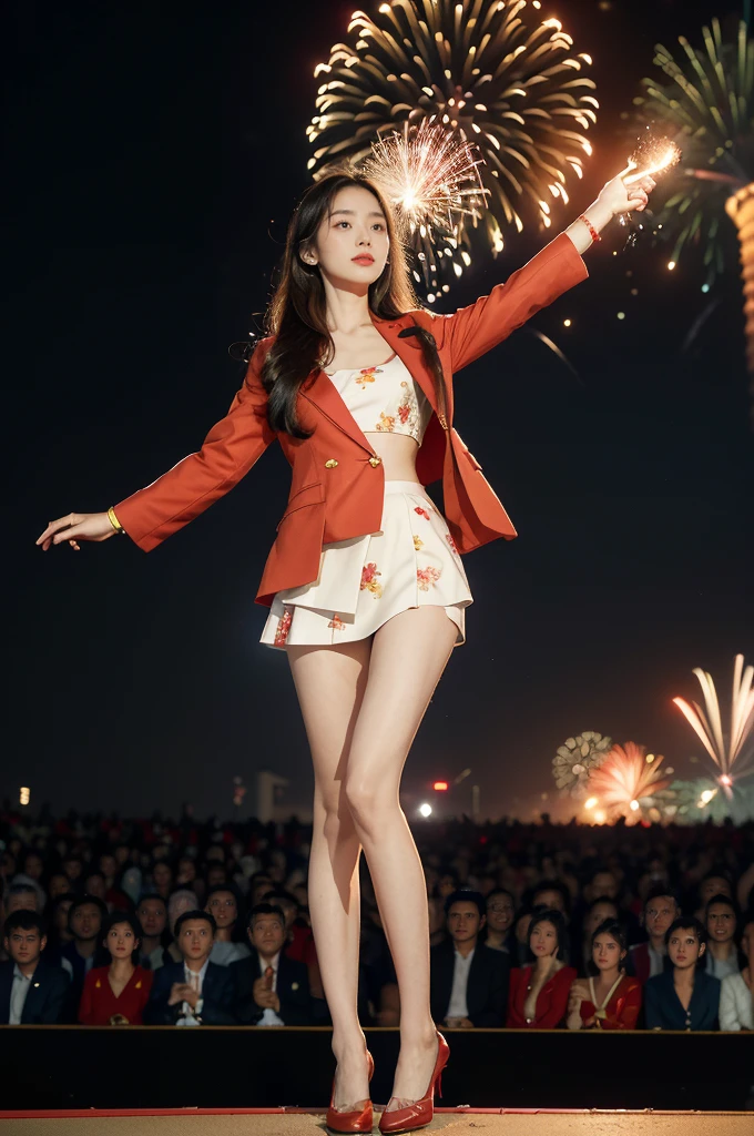 (((best quality))),(((ultra detailed))),(((masterpiece))),illustration, ((Olympic Opening Ceremony,in Paris,summer night,magnificent National stadium of France,Olympic flame, fireworks)),(crowded crowds of enthusiastic spectators:1.3),((a beautiful Chinese girl,solo)),((shoulder length straight hair:1.2)),((slim,thin)),((small breasts,flat chest)),(red blazer:1.5),(yellow dress:1.2),(slender legs:1.2),(loafers:1.2),excited expression, awe, celebrating, electric atmosphere, sense of pride, excitement, playing field, crowd energy, unity, camaraderie, representing China, historic event, memorable moment,((from front,full body))