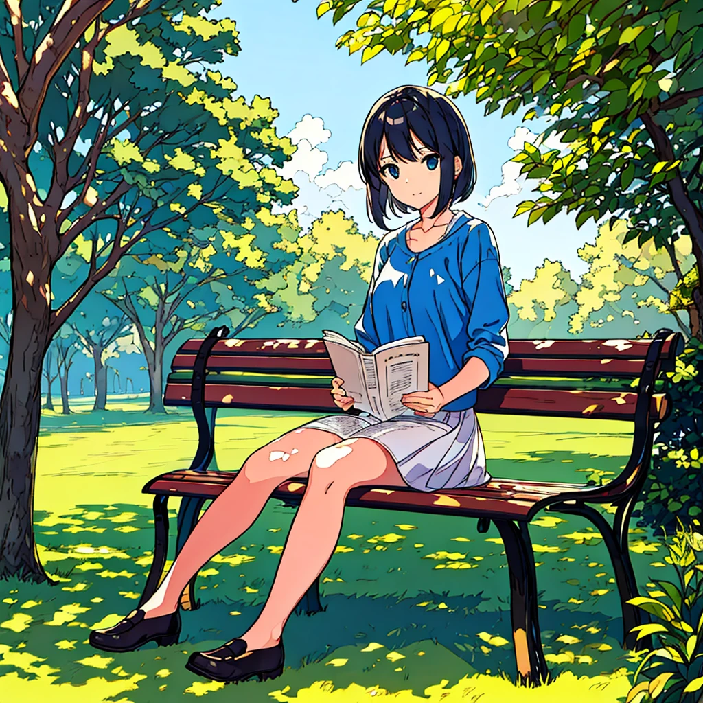 Summer A woman is sitting on a bench Sunlight through the trees Simple Nostalgic Reading a book