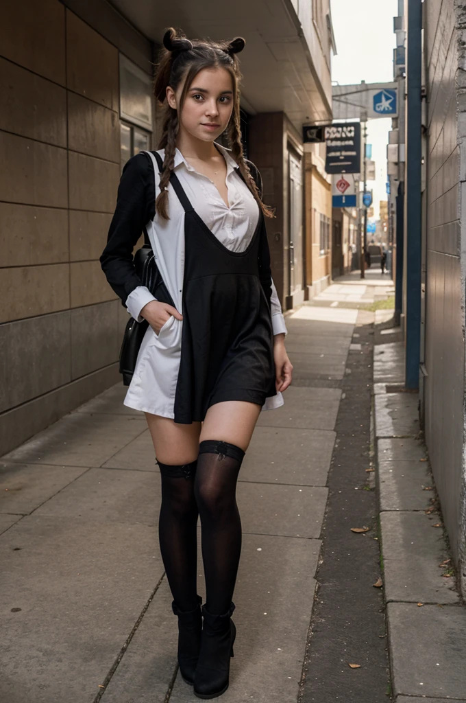 A girl wearing a black long stocking at her feet and a school dress on her body looking horny at a public place