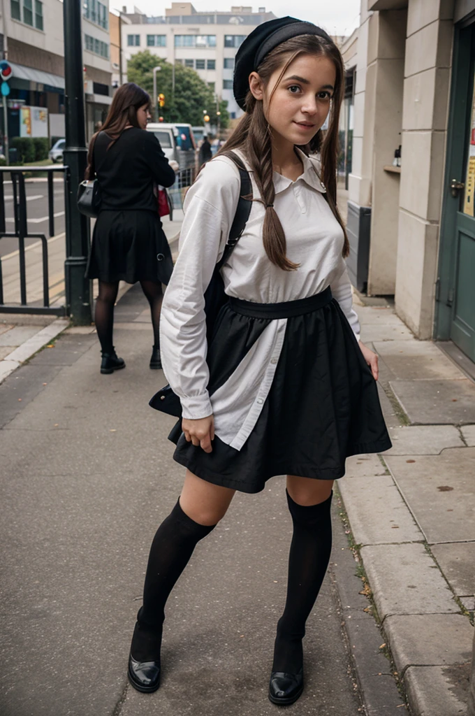 A girl wearing a black long stocking at her feet and a school dress on her body looking horny at a public place