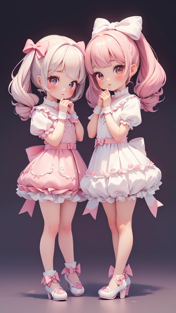 ((petite bishojo, little 2girls)), ((cute face)), ((cute puffy eyes)), ((masterpiece)), ((best quality)), ((ultra detailed)), ((exquisite)), ((8k)), ((crisp)), ((depth)), ((beautiful and aesthetic)), (super detailed skin), ((high standard)), ((highres)), ((perfect anatomy)), (full body), (blush), (lipstick), (cutesy, jk), (bow in hair), (kawaii pose), (perfect fingers)