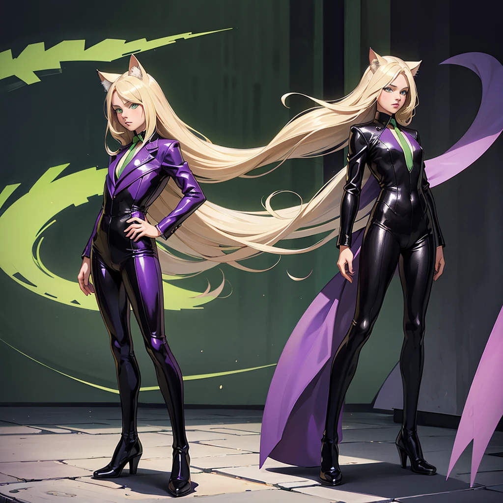 ((Full body photo, standing, feet on the ground))  14 years old teen, long blond hair, flowing blond hair, cat ears, green eyes, in a purple, black and white leather suit, high quality, outside.