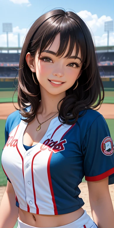 Vampirella as a sexy baseball player, baseball field, sexy baseball uniform, cleavage, midriff, smiling, friendly expression, dynamic pose, bright lighting, warm colors, photorealistic, (best quality,4k,8k,highres,masterpiece:1.2),ultra-detailed,(realistic,photorealistic,photo-realistic:1.37)