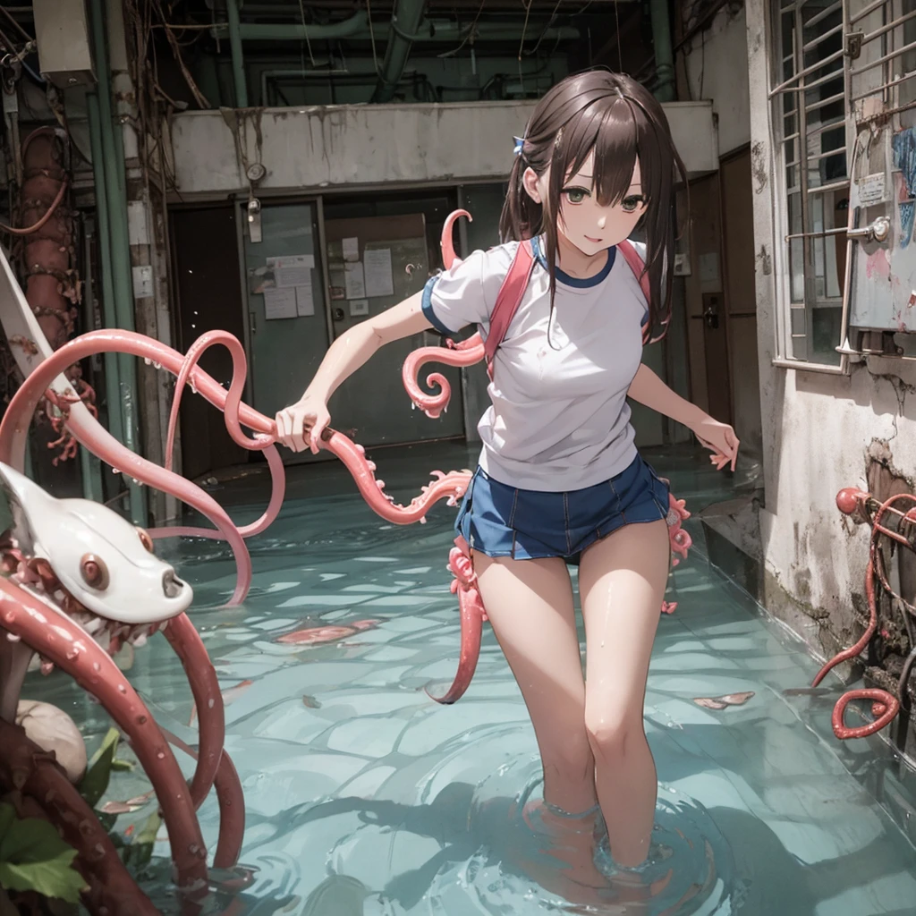 Girl captured by tentacles in abandoned factory、Tentacles in a skirt、Pants fabric texture、Watery eye、shout、Get wet、Reluctant、run away