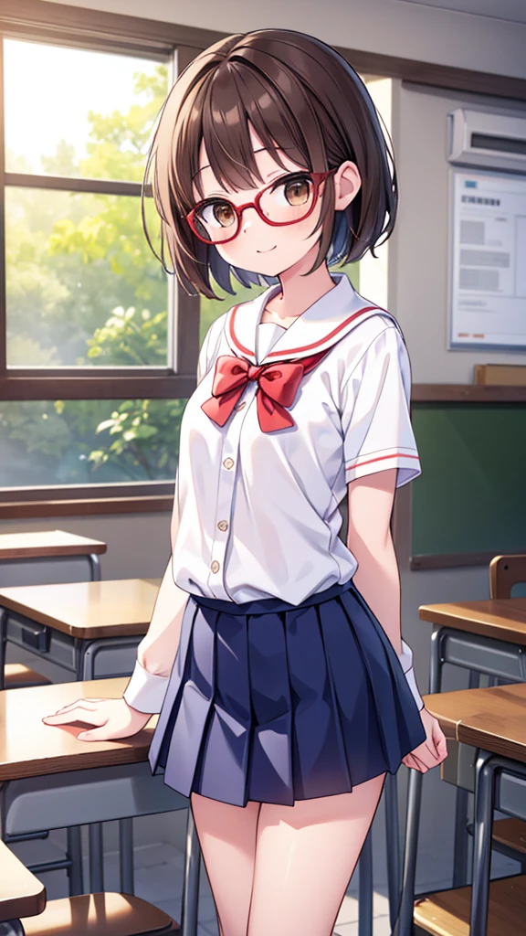 Cutesy、Comical movement、nichijo style、smile、mischief、lure、Expectations、surprise、Shyness、School、classroom、Daytime、Cute girl , Shooting from below, One Girl, Brown Hair、Very short hair, Brown eyes、Red frame glasses、White blouse, Navy Blue Skirt, Navy blue socks, Brown Loafers,Highest quality, 4K, 8k, High resolution, masterpiece:1.2, Very detailed, Realistic, photoRealistic, photo-Realistic:1.37, High resolution, 超High resolution, Studio Lighting, Ultra-fine painting, Sharp focus, Physically Based Rendering, Very detailed説明, Professional, Vibrant colors, Bokeh