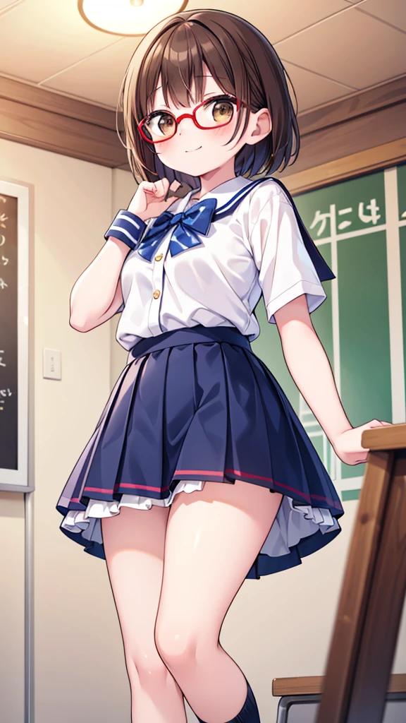 Cutesy、Comical movement、nichijo style、smile、mischief、lure、Expectations、surprise、Shyness、School、classroom、Daytime、Cute girl , Shooting from below, One Girl, Brown Hair、Very short hair, Brown eyes、Red frame glasses、White blouse, Navy Blue Skirt, Navy blue socks, Brown Loafers,Highest quality, 4K, 8k, High resolution, masterpiece:1.2, Very detailed, Realistic, photoRealistic, photo-Realistic:1.37, High resolution, 超High resolution, Studio Lighting, Ultra-fine painting, Sharp focus, Physically Based Rendering, Very detailed説明, Professional, Vibrant colors, Bokeh