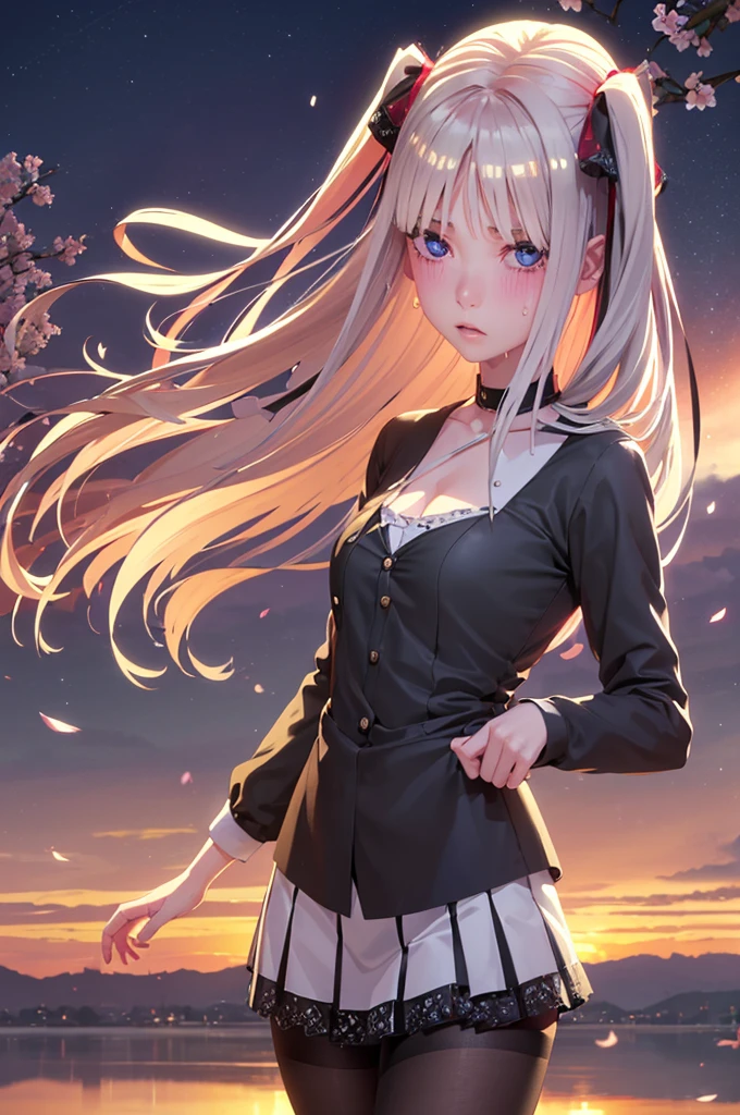 One girl,masterpiece,Highest quality,Blonde,stockings,Checked skirt),Short skirt JK,,Are standing,In total length,Medium chest,Very detailed,[[Realistic]],Beautiful and attractive anime teen,Enchanting anime girl,Swinging skirt,blue eyes, hair ornaments, Hair Ribbon,Show your forehead、Twin tails、Random color school girl uniform、Lace choker, short hair,,No bra,,Very detailed肌, Realistic texture、Very detailed顔, (Beautiful Fine Eyes,  ,The girl has a toned figure., Intricate details,Closely、Embarrassed expression、blush、Shining Sweat、Perfect Skin,Sweat is noticeable in the cleavage、Sweating on thighs is noticeable、 Fair skin,Tight waist, Sweating profusely、Sweaty hair、Sweaty clothes、Sweaty、Visible sweat、Sweat-soaked hair、Athlete System、Cherry blossoms fluttering down、Silver Hair、Night cityscape。Reflection of light、moonlight