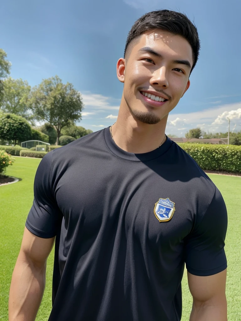 Tony Labrusca, (As a matter of fact, Masterpiece, 8k HD, good light quality, sportswear, fit the face, complicated details), A handsome, muscular young Korean man. , 20 years old, be happy, smile brightly, detailed face, delicate eyes, มองดูsky, Wear a navy tight T-shirt., period, black eyes, Black hair color, ผมsmooth, smooth, outdoor sports, Along the garden, Sunny,sky,Surreal,Awesome details,Highest quality,real,