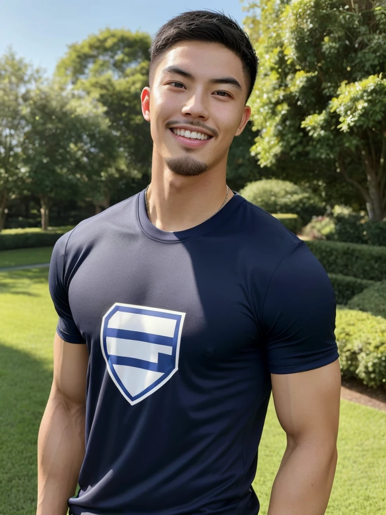 Tony Labrusca, (As a matter of fact, Masterpiece, 8k HD, good light quality, sportswear, fit the face, complicated details), A handsome, muscular young Korean man. , 20 years old, be happy, smile brightly, detailed face, delicate eyes, มองดูsky, Wear a navy tight T-shirt., period, black eyes, Black hair color, ผมsmooth, smooth, outdoor sports, Along the garden, Sunny,sky，Surreal，Awesome details，Highest quality，real，