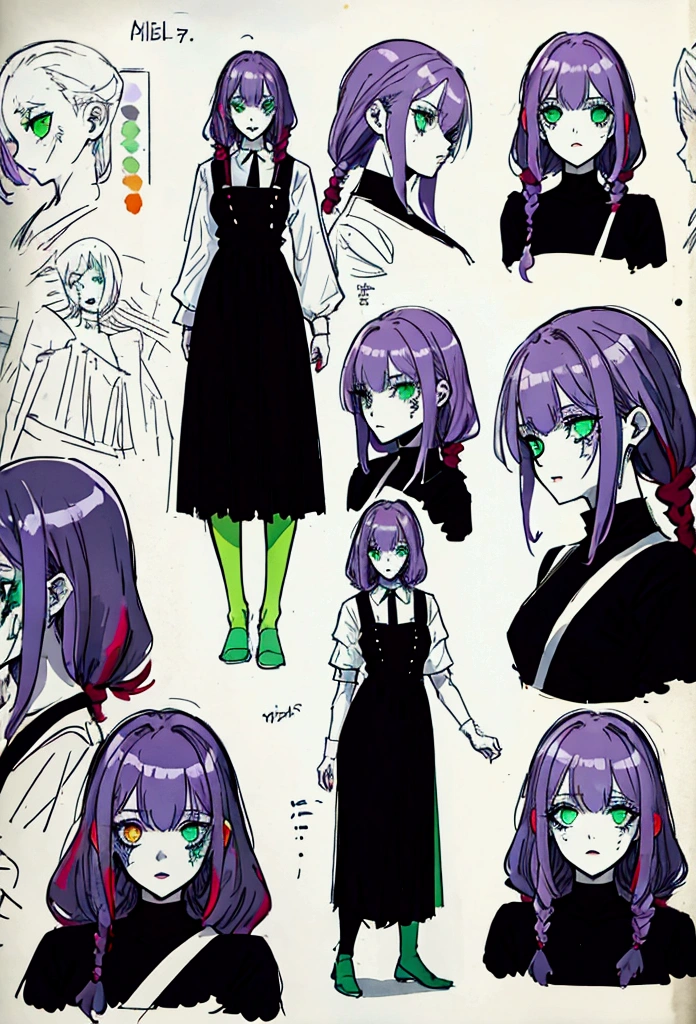 sketch (Character design sheet, same characters, whole body, Three-View, front, ~ ~ ~ ~ side, return),(Very bright:1.1), Sunset background, [1 Girl:7], (Tilt your head:1.2), ([sketch|watercolor \(Moderate\)]:1.15),Chaotic Abstractionな背景, Vector Trace, グラデーションブレンディング and whole body, Artistic elements add depth to the work. The overall atmosphere is creepy and nightmarish...., With a unique artistic touch. This movie is、The dark and crazy world of horror movies depicted in HD., Evoke visual stimuli and aesthetic sense, that will terrify and excite the audience....,watercolor画, （Lightless, Eyes without highlights, evil eye, An ugly person with white eyes, that&#39;Red eyeliner）,whole body絵, Wearing a maid outfit （Gradient braided hair, (Light purple hair), (Ink blotches:1.1), (pale:1.2),(Light purple:1.2),(Light green:1.2)　Adult features,expensive, Wearing black tights,Green Eyes, The skin is hidden　and maid, The background is a dark and desolate landscape, Horror movie atmosphere. Her figure is very beautiful, Emphasizing the dark and crazy elements. Skillfully expressing the effects of light and shadow, detailed, The face and expression of the black costume are also carefully drawn....,sketch (Character design sheet, same characters, whole body, Three-View, front, ~ ~ ~ ~ side, return) 1 female, Nervous,Cowboy Shot,,(Very bright:1.1), White Background, [1 Girl:7], (Tilt your head:1.2), ([sketch|watercolor \(Moderate\)]:1.15),Chaotic Abstraction