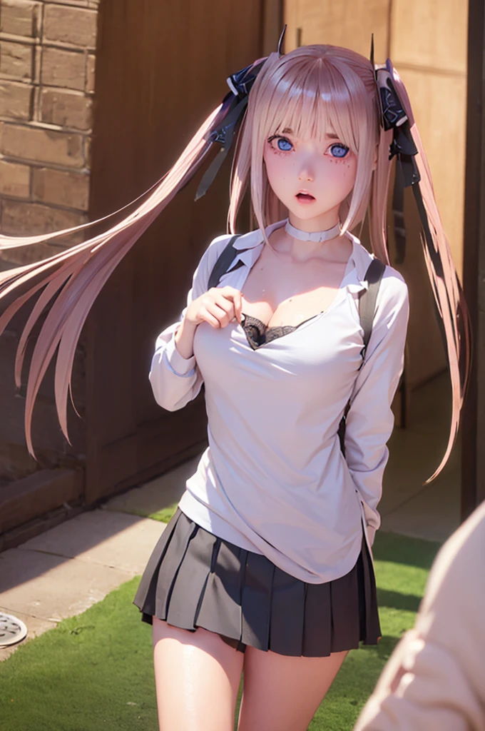 One girl,masterpiece,Highest quality,Blonde,stockings,Checked skirt),Short skirt JK,,Are standing,In total length,Medium chest,Very detailed,[[Realistic]],Beautiful and attractive anime teen,Enchanting anime girl,Swinging skirt,blue eyes, hair ornaments, Hair Ribbon,Show your forehead、Twin tails、Random color school girl uniform、Lace choker, short hair,,No bra,,Very detailed肌, Realistic texture、Very detailed顔, (Beautiful Fine Eyes, ,The girl has a toned figure., Intricate details,Closely、Embarrassed expression、blush、Shining Sweat、Perfect Skin,Sweat is noticeable in the cleavage、Sweating on thighs is noticeable、 Fair skin,Tight waist, Sweating profusely、Sweaty hair、Sweaty clothes、Sweaty、Visible sweat、Sweat-soaked hair、Athlete System、Cherry blossoms fluttering down、Silver Hair、Night cityscape。Reflection of light、moonlight