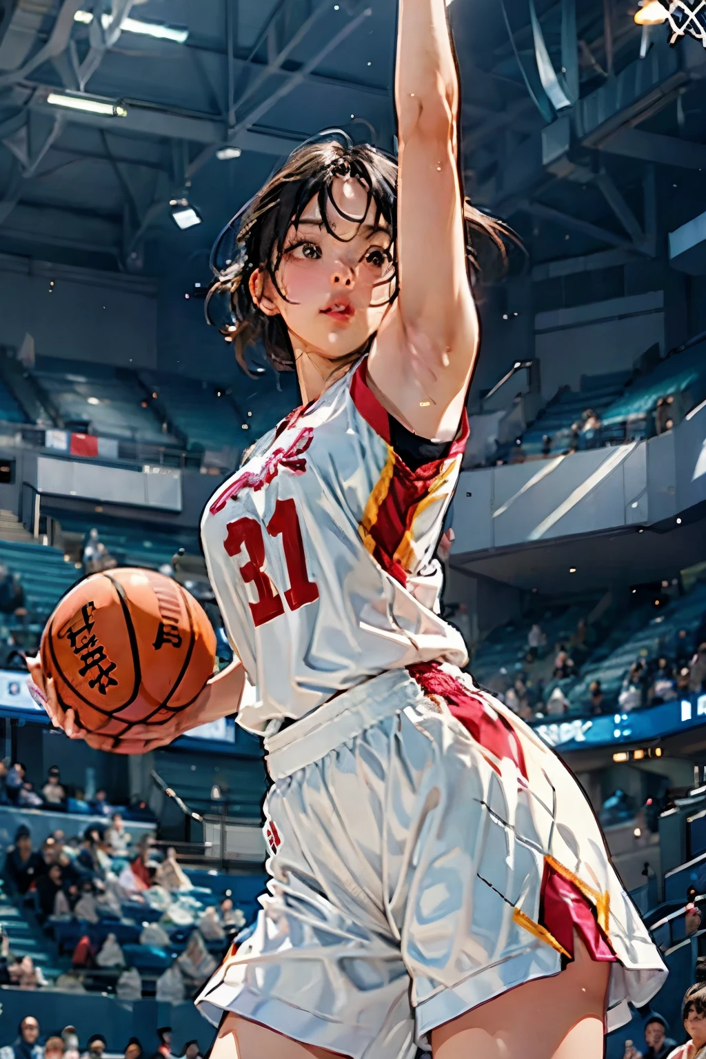 ((Female Basketball Player)), Young and beautiful girl、美しい顔のdetailedな描写、alone, dunk shot, Jumping Chute、close、Motion Blur、Dynamic Angle、stadium lighting、Blur the background、8Kdetailed, (detailed、masterpiece、Highest quality)、