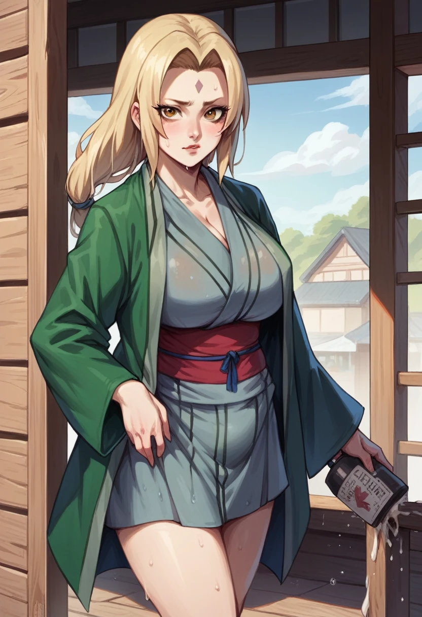 1girl, tsunade, yellow hair, yellow eyes, clothes green, realistic, ultra detail, hyper huge pregnant, hyper huge baby bump, hyper huge belly, huge boops, huge breast, Huge ass, huge butt, creampie, hyper creampie, wet sweat,She's completely naked and putting her dick in her pussy
