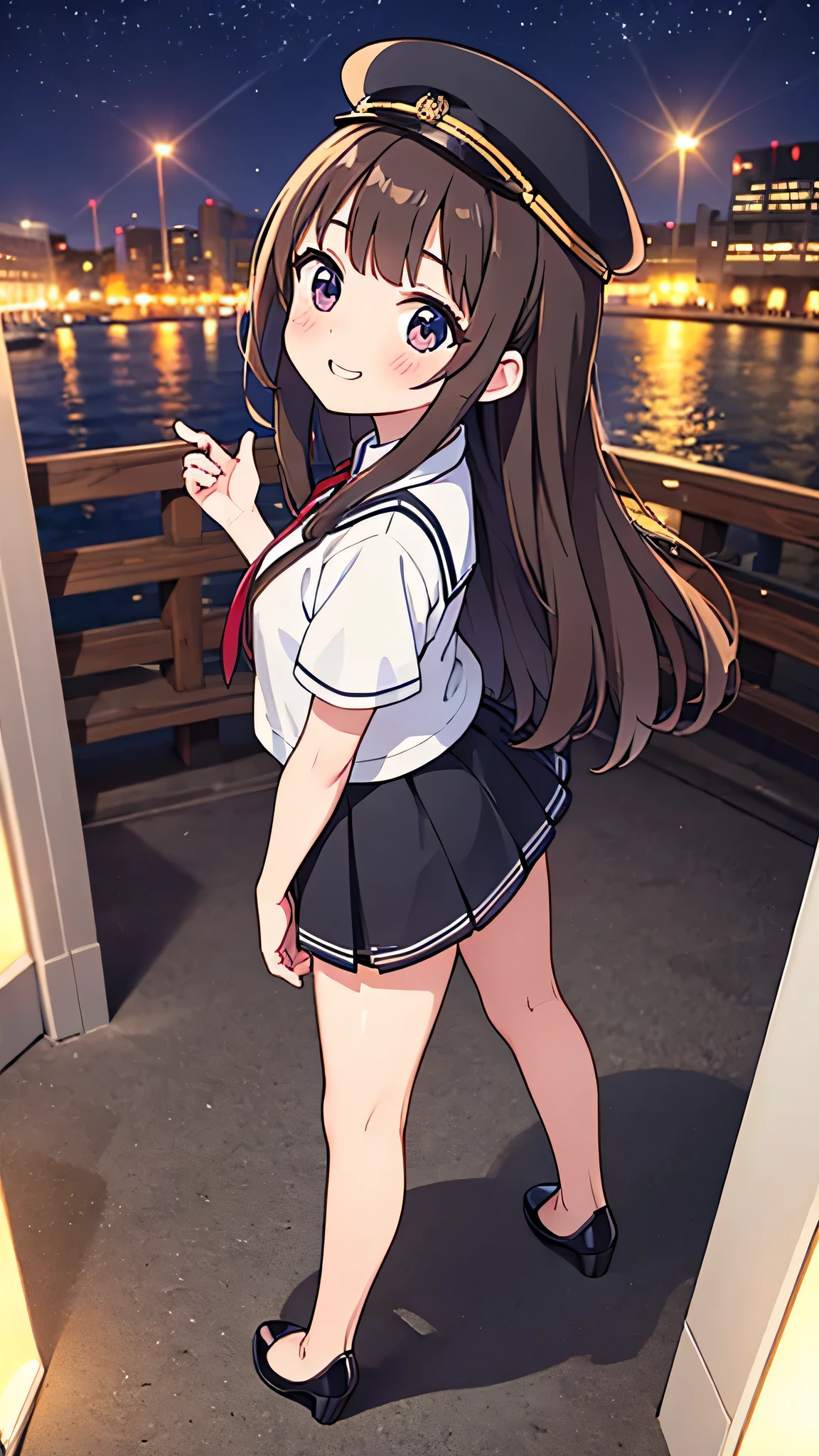 {Highest quality}, {Super beautiful},{Ultra fine},{Best illustration},Brown Hair,Hime cut,semi-long,Bangs,Standing Woman,Uniform cap,White Shirt,Short sleeve,Long black skirt,Night Park,Embarrassed,smilingly,Blushing,Slender women, A woman wearing plain black pumps,Bare feet and pumps,From an angle,From above