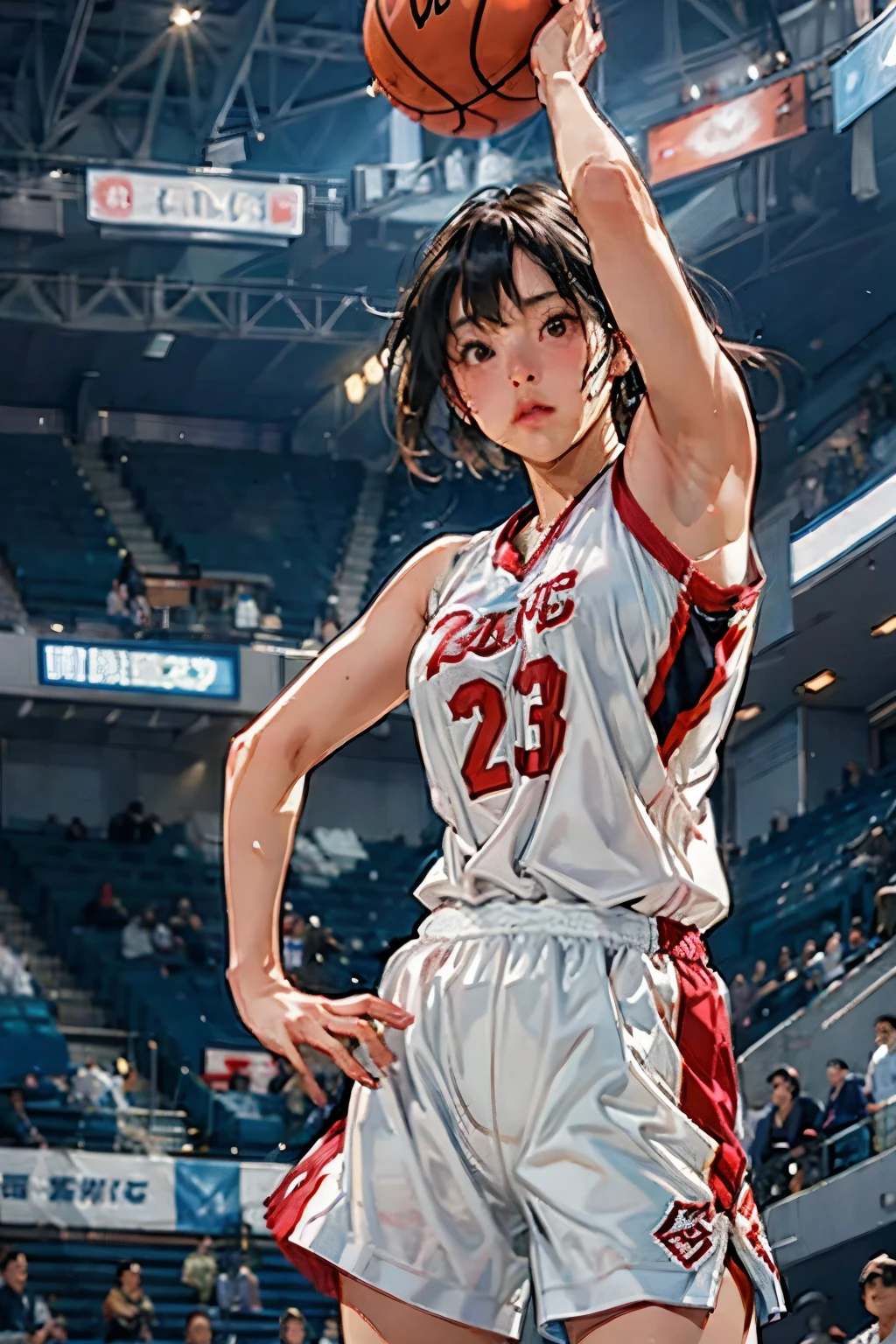 ((Female Basketball Player)), Young and beautiful girl、美しい顔のdetailedな描写、alone, dunk shot, Jumping Chute、close、Motion Blur、Dynamic Angle、stadium lighting、Blur the background、8Kdetailed, (detailed、masterpiece、Highest quality)、