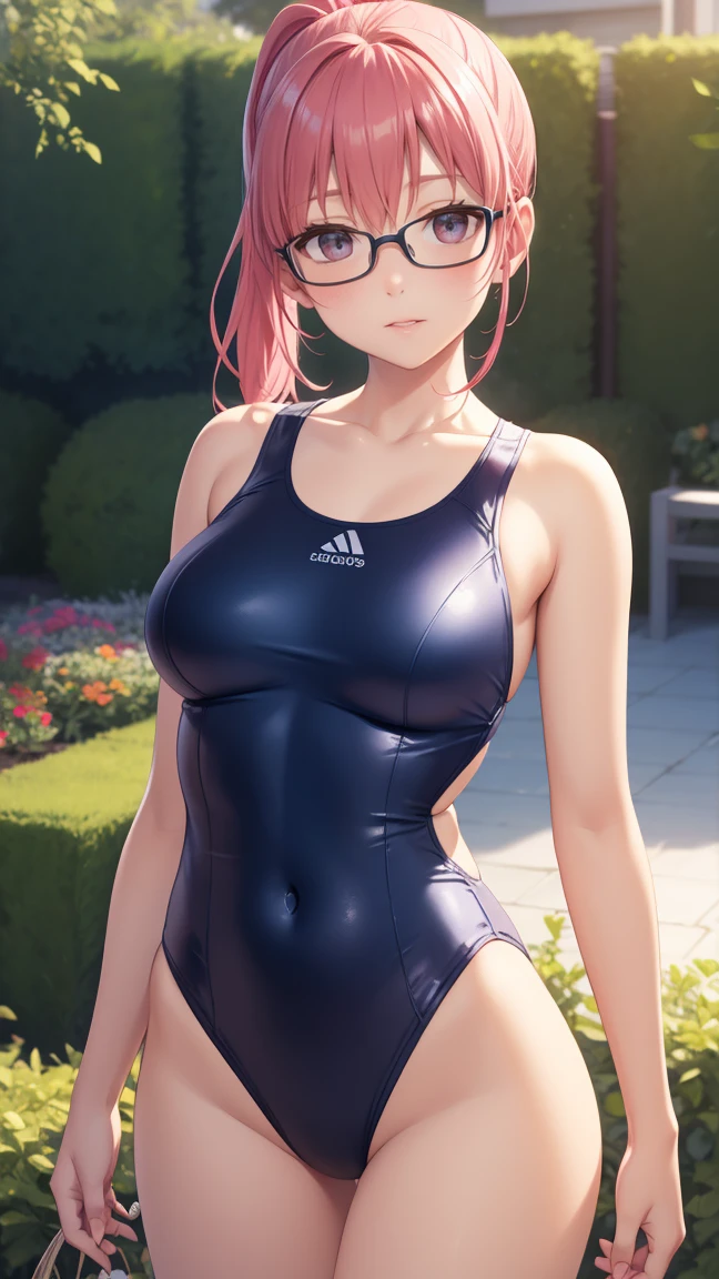 1girl, natural lighting, masterpiece, highly detailed, illustration, game CG, absurdres, high quality, aichan, medium breasts, beautiful detailed eyes, medium bright pink hair, ponytail, bangs, glossy lips, blush, garden, one-piece swimsuit, modelling pose, glasses