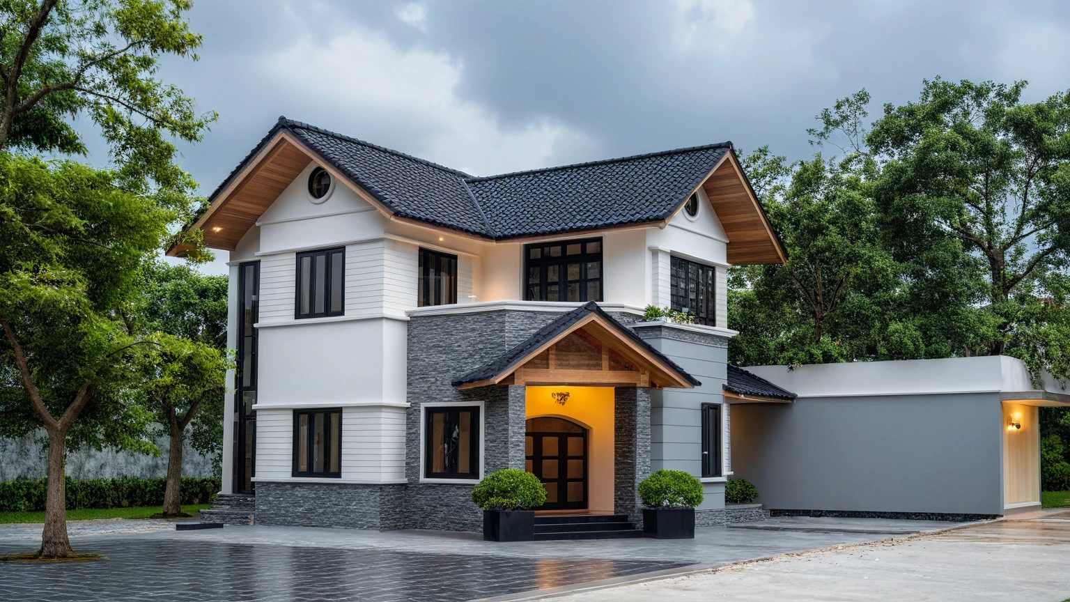 (bright image), A double story modern style house in the middle of Vietnam, (dark grnite tiled wall),(classic detail), simple and elegant architecture with white walls on top half and grey tiles roof, large windows with, entrance door is white with arched shape, bonsai trees, wide tile stone courtyard, professional photography, daylight, natural light, high resolution photography, (best quality, ultra realistic, masterpiece:1.15)